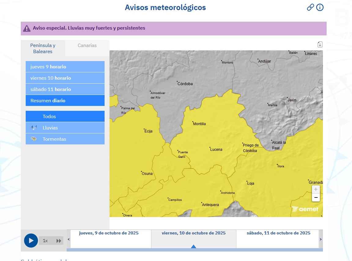Zonas de la comarca con aviso amarillo por lluvias.