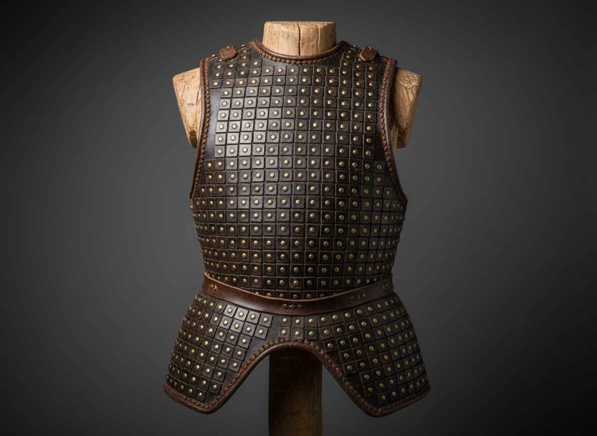 Recreación de una brigantina, armadura bajomedieval compuesta por pequeñas láminas de metal.