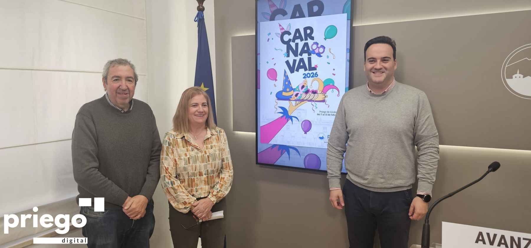 Navas, González y Valdivia durante la presentación del Carnaval 2026.