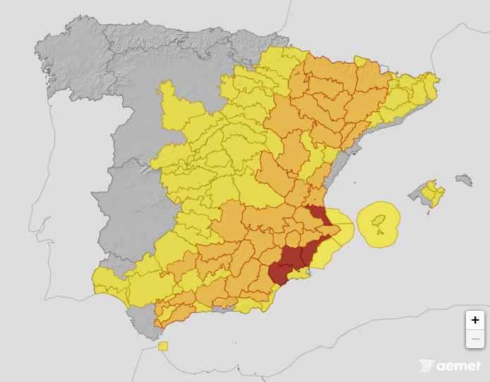 Mapa de avisos de la AEMET.