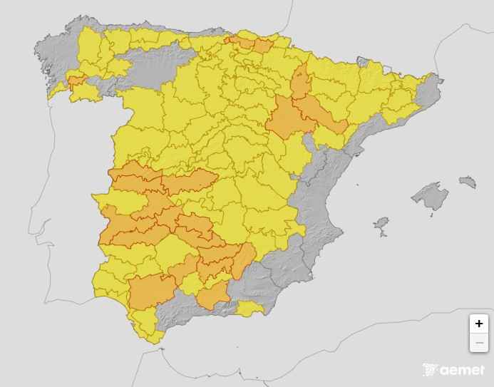 Mapa de avisos de la AEMET.