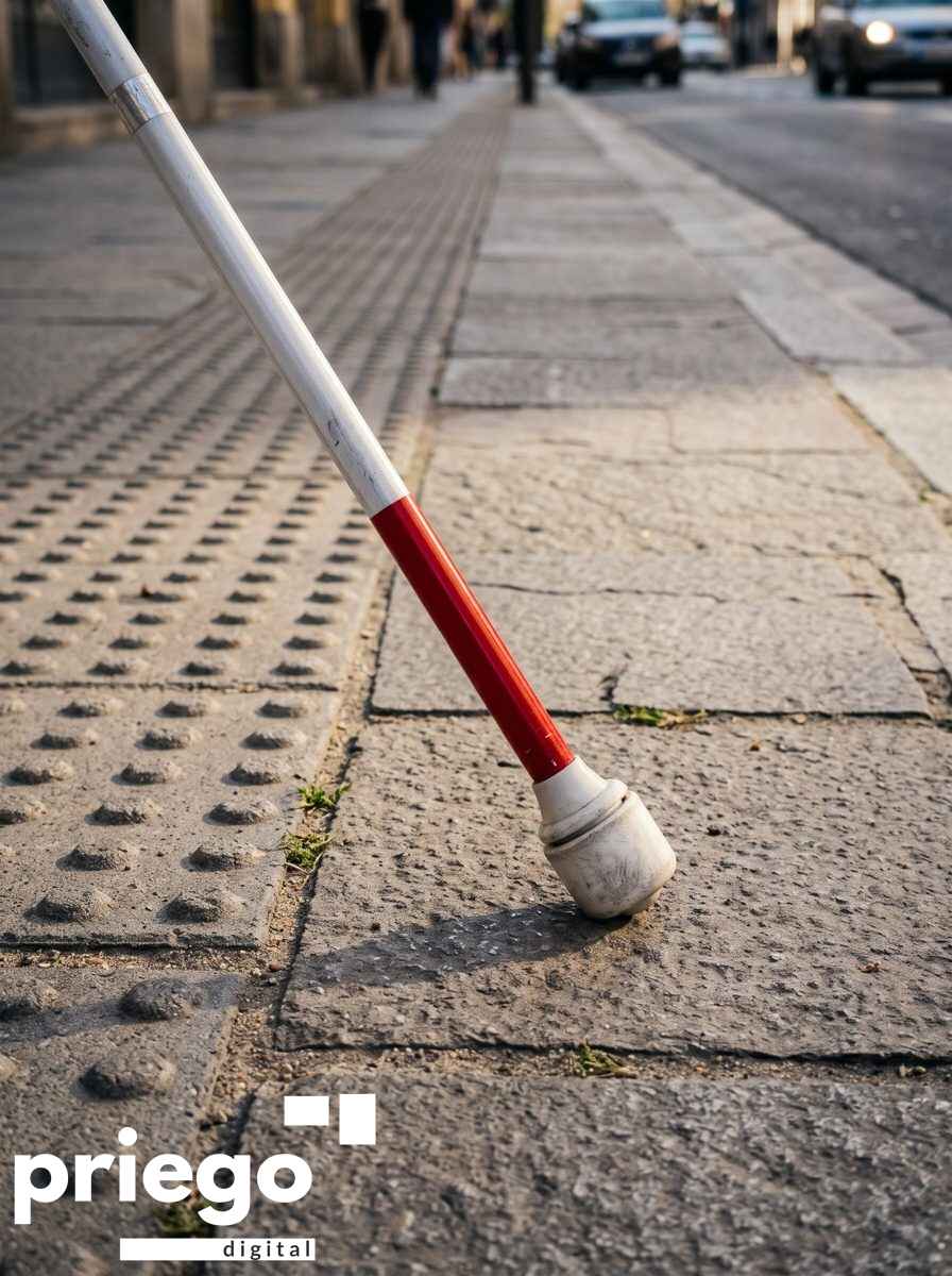 Bastón blanco sobre una acera con pavimento podotáctil.